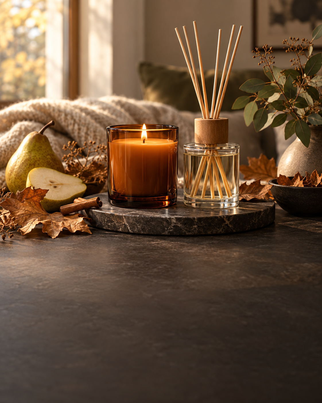 Bougie parfumée et diffuseur dans une ambiance chaleureuse