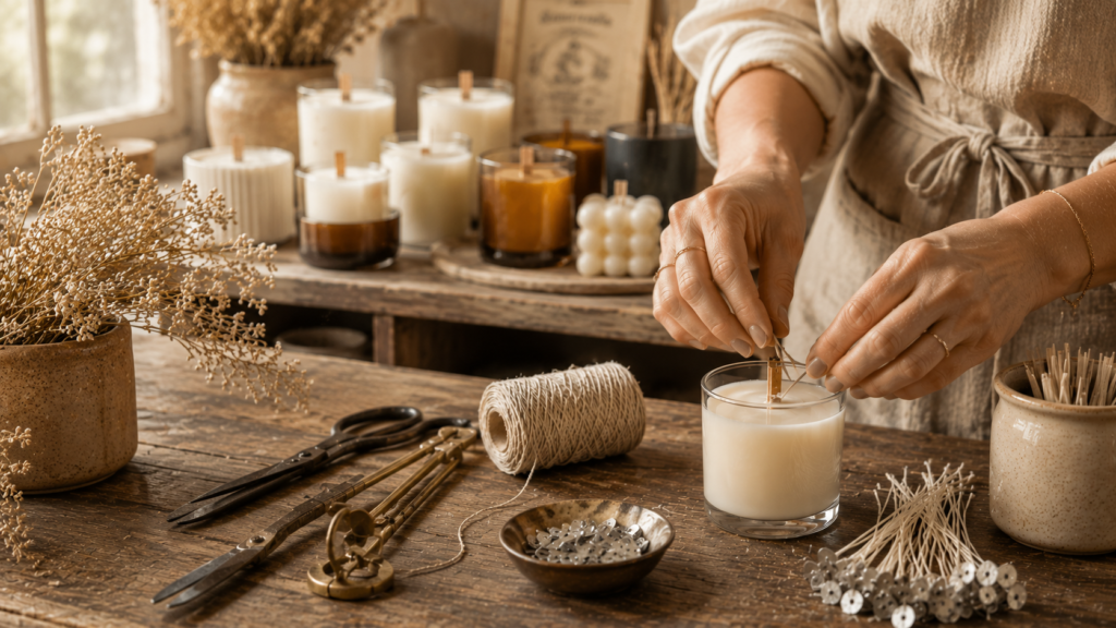 Bougie artisanale coulée à la main dans un atelier chaleureux